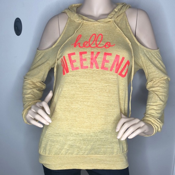 Mustard "HELLO WEEKEND" OPEN SHOULDER HOODED TOP - Picture 4 of 7